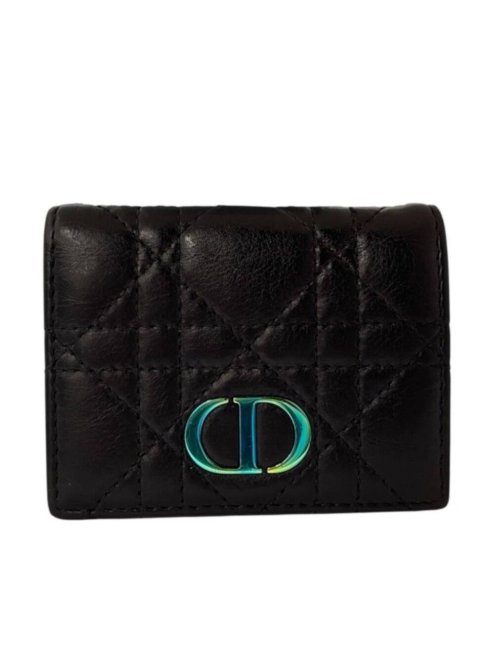 Dior Trifold Wallet Folding Caro Cannage CD Logo Quilted Leather Black Compact